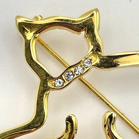 Gold Tone Openwork Cat Kitten Brooch Pin Rhinestone Collar Signed AAi Vintage - Picture 4 of 7